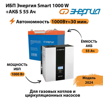 ИБП Энергия Smart 1000W + АКБ S 55 Ач (1000Вт - 30мин) - ИБП и АКБ - Инверторы 12-220В - Магазин электротехнических товаров Проф Ток