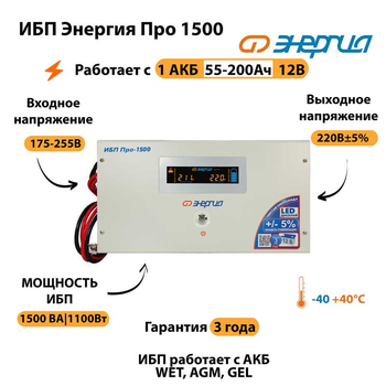 Энергия ИБП Про 1500 12В - ИБП и АКБ - ИБП для котлов - Магазин электротехнических товаров Проф Ток